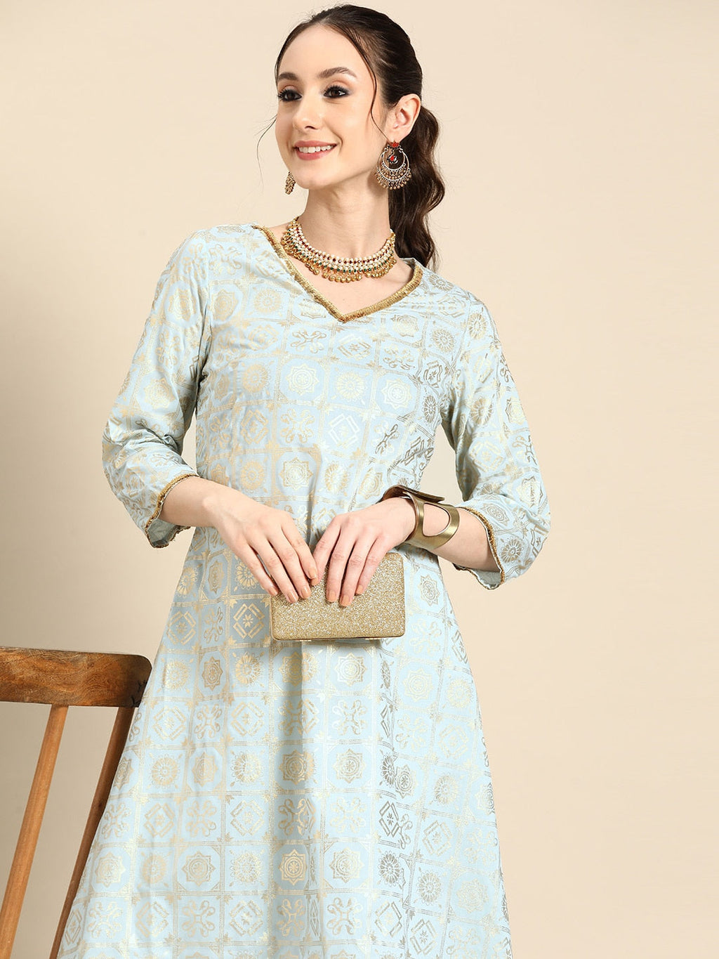 Sangria Gold-Toned Foil Printed Sequinned Detail A-Line Kurta with Palazzos | Grocsy