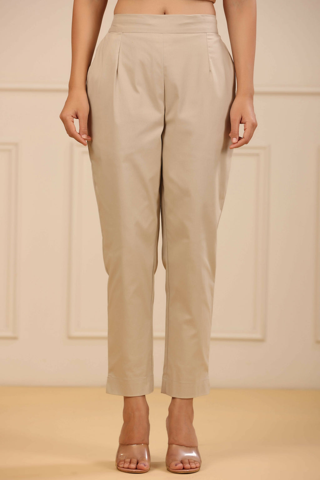 Juniper Women's Beige Cotton Spendex Solid Straight Pant | Grocsy