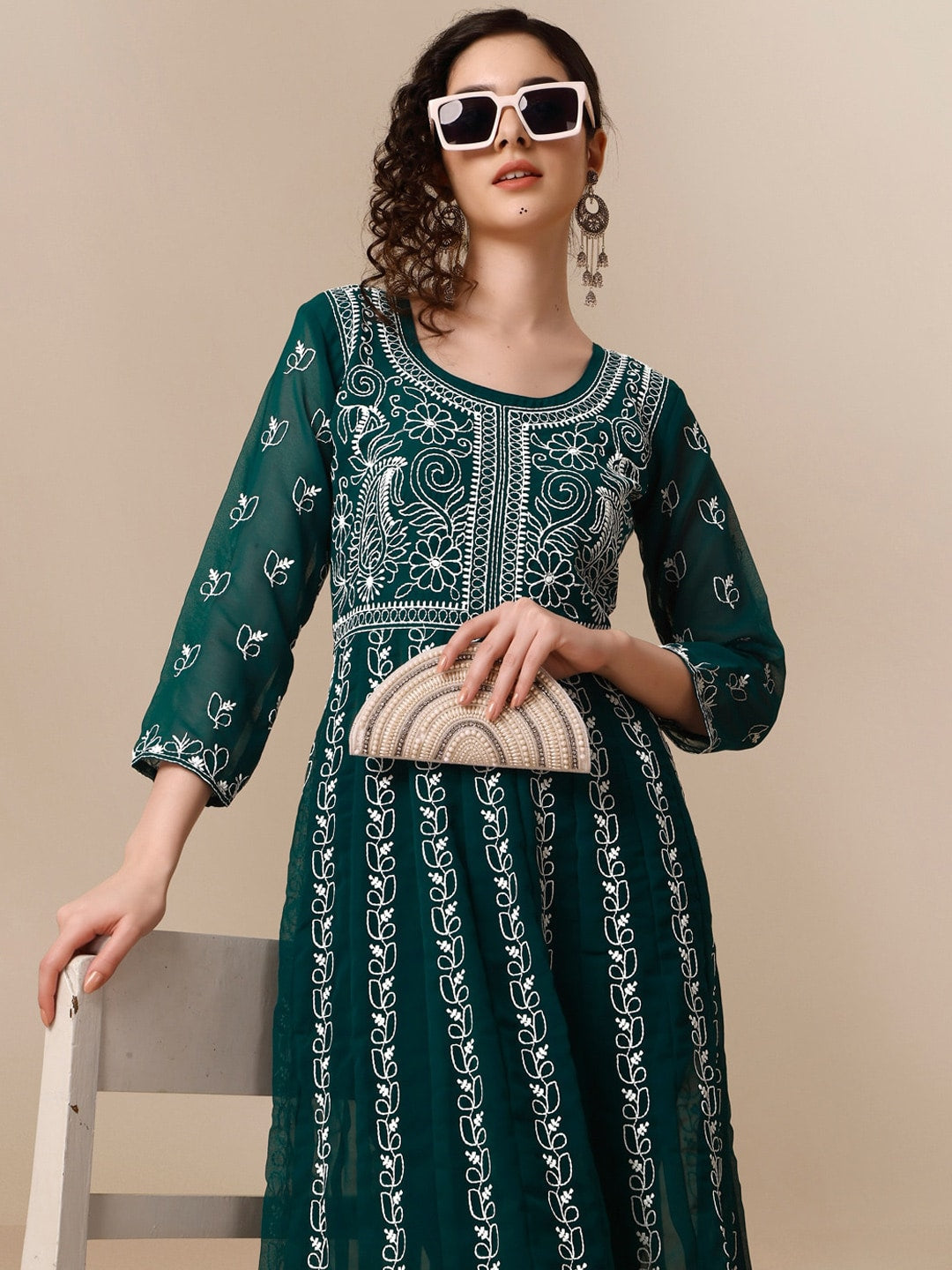 HERE&NOW Paneled Floral Embroidered Georgette Anarkali Kurta | Grocsy