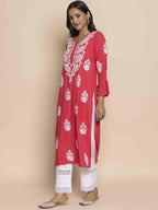 HOUSE OF KARI Floral Chikankari Embroidered Notched Round Neck Straight Kurta | Grocsy