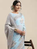 Saree Mall Turquoise Blue Floral Linen Blend Banarasi Saree | Grocsy
