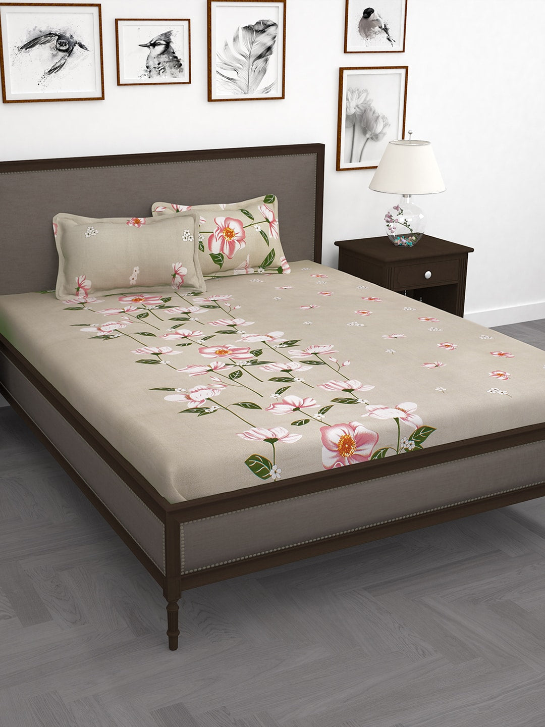 Story@home Beige & Red Floral Flat 240 TC 1 Double Bedsheet with 2 Pillow Covers | Grocsy