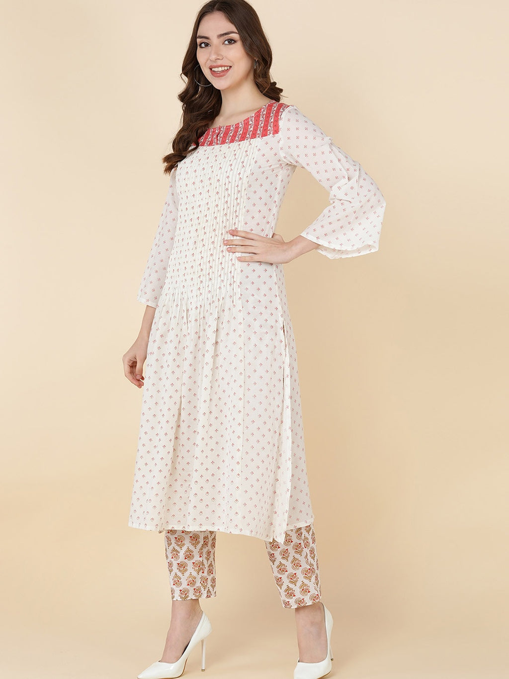 HERE&NOW Women White Floral Printed Pleated Pure Cotton Kurta with Trousers | Grocsy