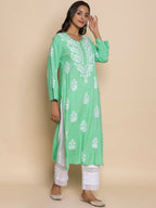 HOUSE OF KARI Floral Embroidered Chikankari A-Line Kurta | Grocsy