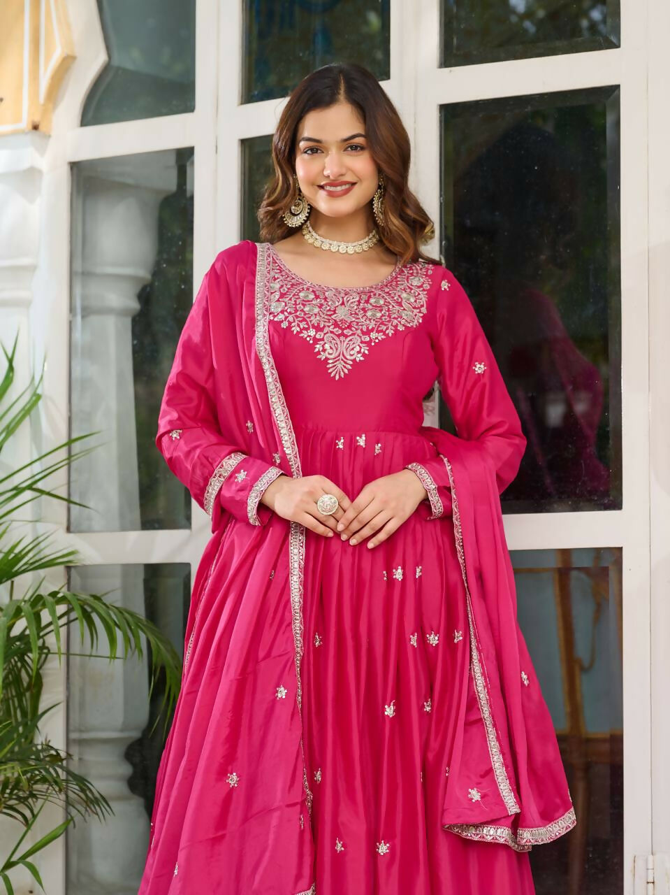 The52 Women's Beautiful American Silk Fabric Embroidery Work Flared Anarkali Pant and Dupatta Set | Grocsy