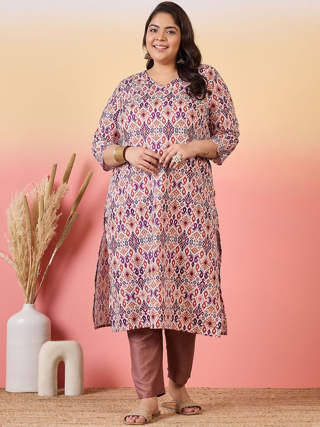 Sztori Plus Size Ethnic Motifs Printed V-Neck Crepe Straight Kurta | Grocsy