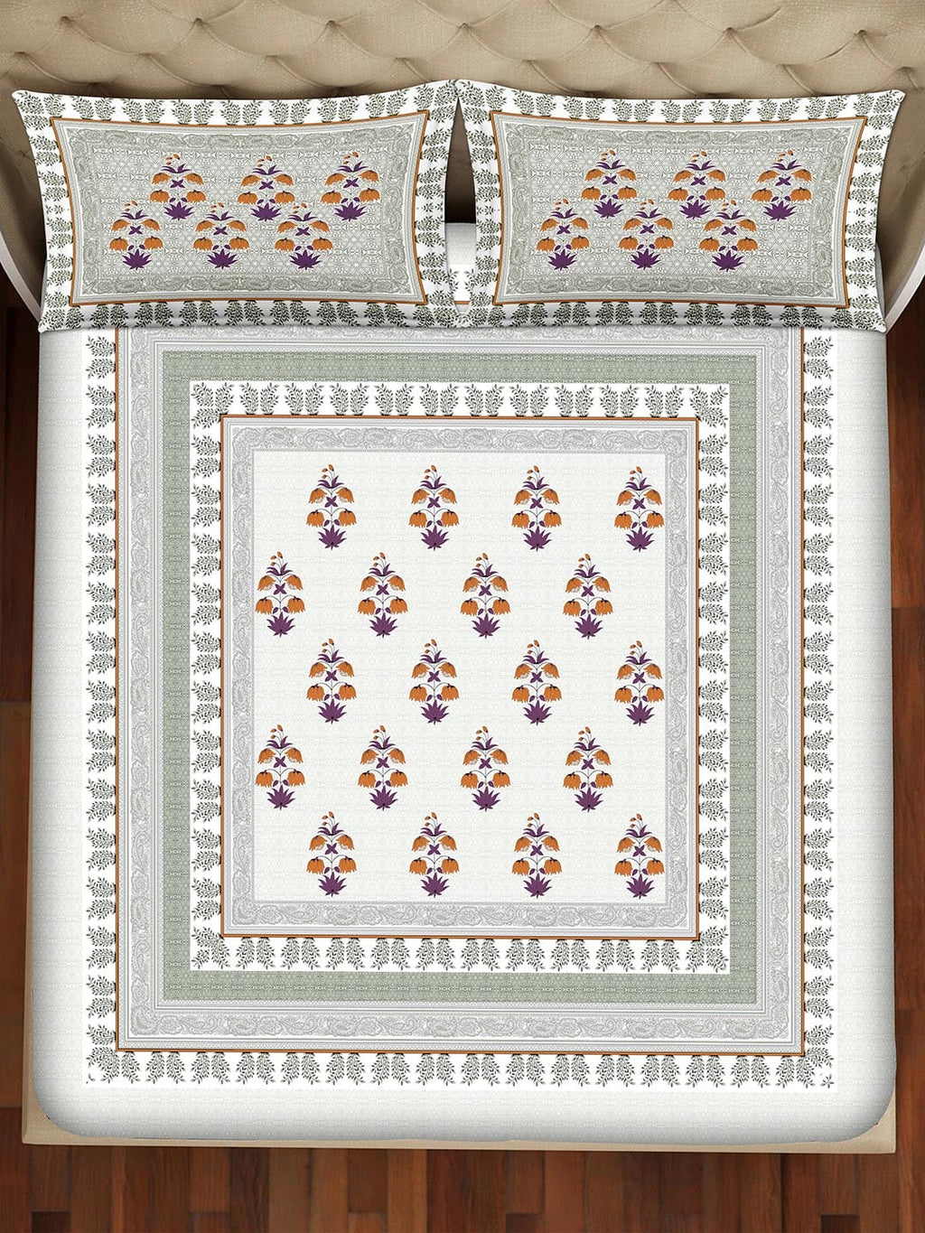 BELLA CASA Grey & Off White Ethnic Motifs 350 TC Cotton King Bedsheet with 2 Pillow Covers | Grocsy