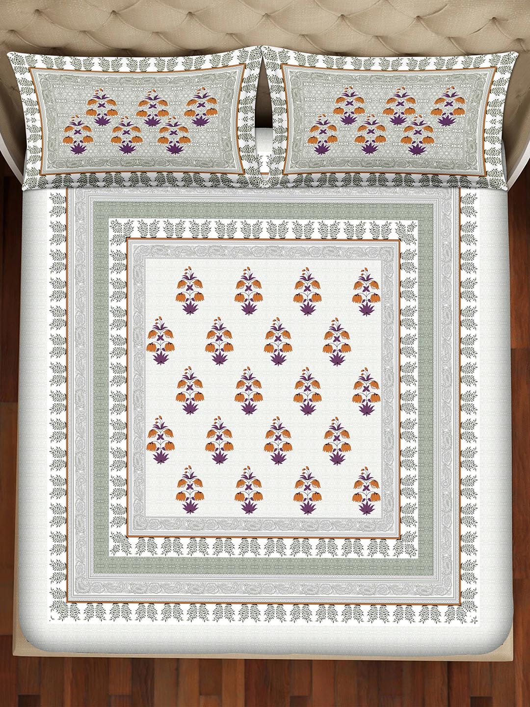 BELLA CASA Grey & Off White Ethnic Motifs 350 TC Cotton King Bedsheet with 2 Pillow Covers | Grocsy