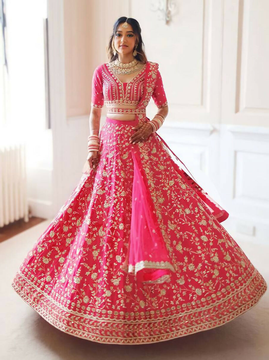 Jyoti Fashion Gajri Red Zari and Sequins Embroidered Malai Satin Silk Lehenga Choli with Dupatta | Grocsy
