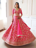 Jyoti Fashion Gajri Red Zari and Sequins Embroidered Malai Satin Silk Lehenga Choli with Dupatta | Grocsy