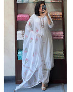 The52 White Women's Gorgeous Georgette Butti Fabric Embroidered Work Straight Kurta Pant and Dupatta Set | Grocsy