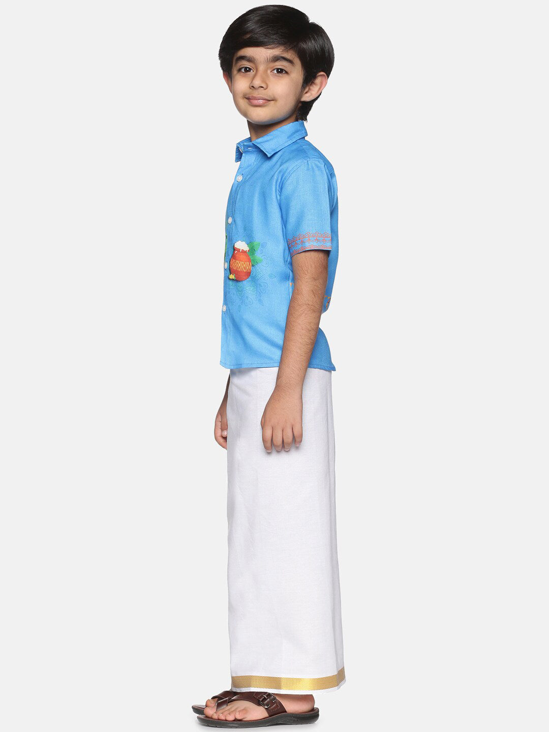 Sethukrishna Boys Traditional Boys Blue & White Printed Shirt with Dhoti | Grocsy