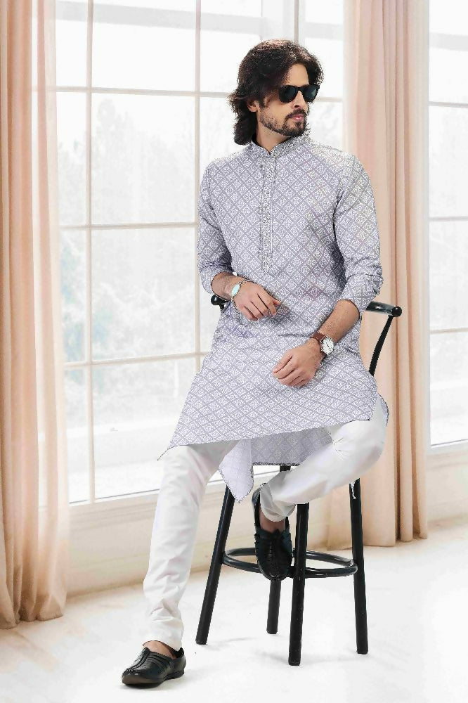 Raivat Ethnic Cotton Thread Work Kurta Pajama In Grey Colour | Grocsy