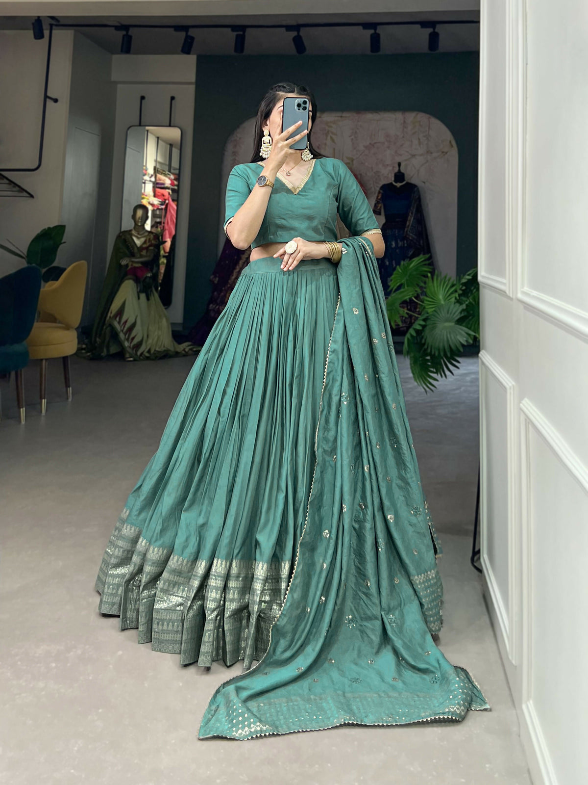 Lorenvalley Seagreen Pure Chanderi Plain With Zari Weaving Work Border Lehenga Choli | Grocsy
