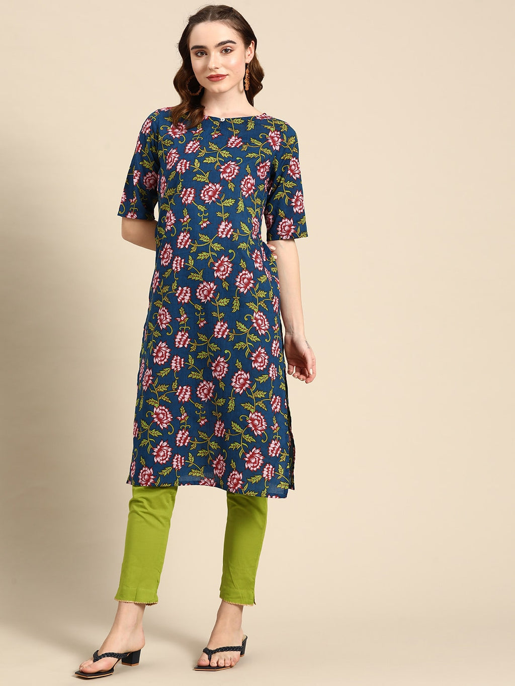 Sangria Floral Printed Boat Neck Straight Kurta | Grocsy