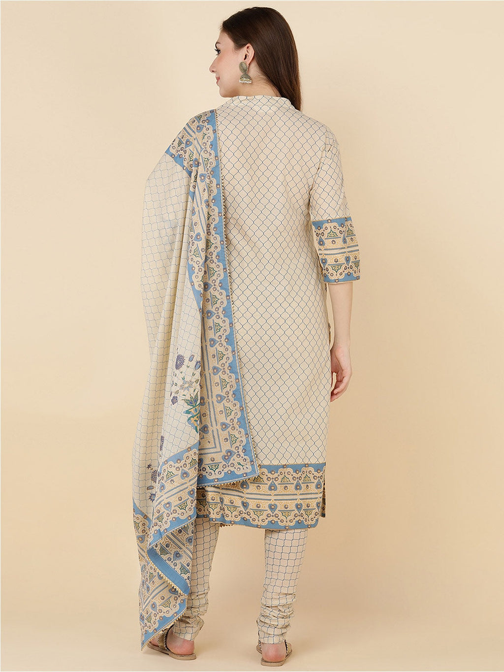 HERE&NOW Women Beige Printed Pure Cotton Kurta with Churidar & With Dupatta | Grocsy