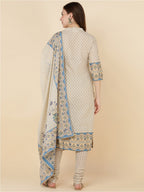 HERE&NOW Women Beige Printed Pure Cotton Kurta with Churidar & With Dupatta | Grocsy