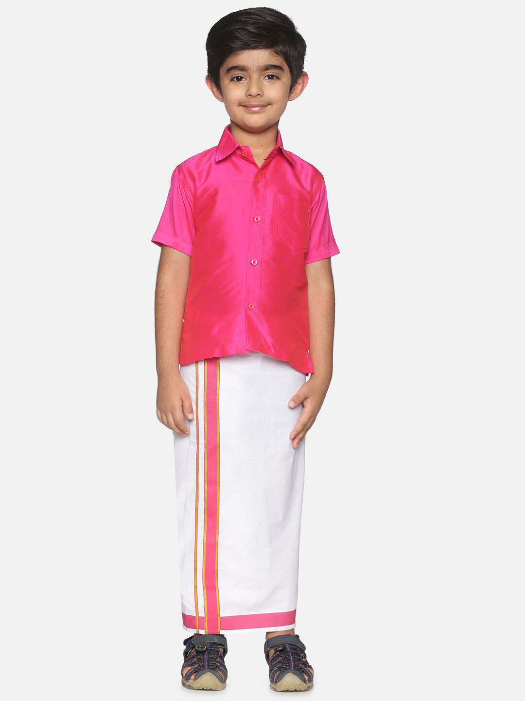 Sethukrishna Boys Pink & White Shirt with Veshti Set | Grocsy