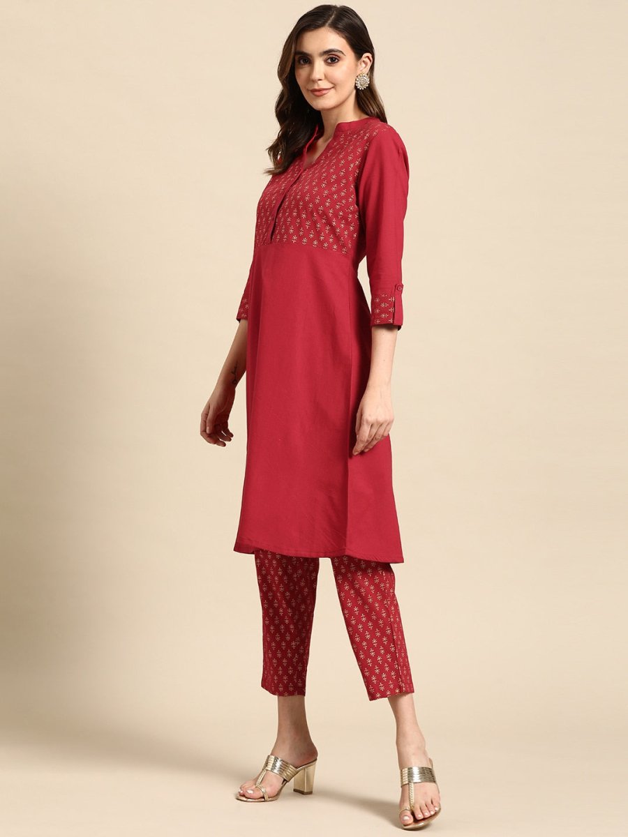 All About You Women Motifs Yoke Design A-Line Kurta with Trousers | Grocsy