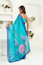 Joban Fashion Turquoise  Floral Linen Ready To Wear Saree With Unstitched Blouse | Grocsy