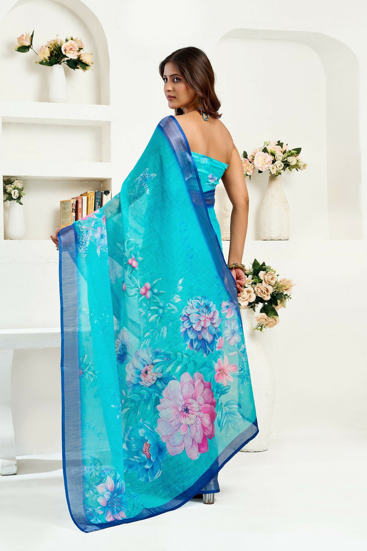 Joban Fashion Turquoise  Floral Linen Ready To Wear Saree With Unstitched Blouse | Grocsy
