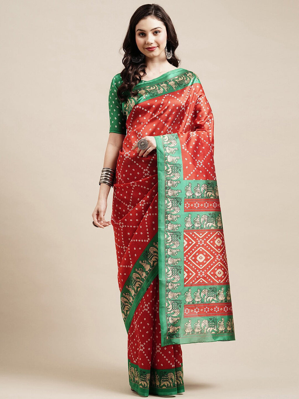 Saree Mall Red & Green Bandhani Printed Saree | Grocsy