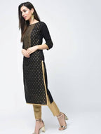 Aniyah Cotton Block Printed Black Color Straight Kurta (AN-123K) | Grocsy