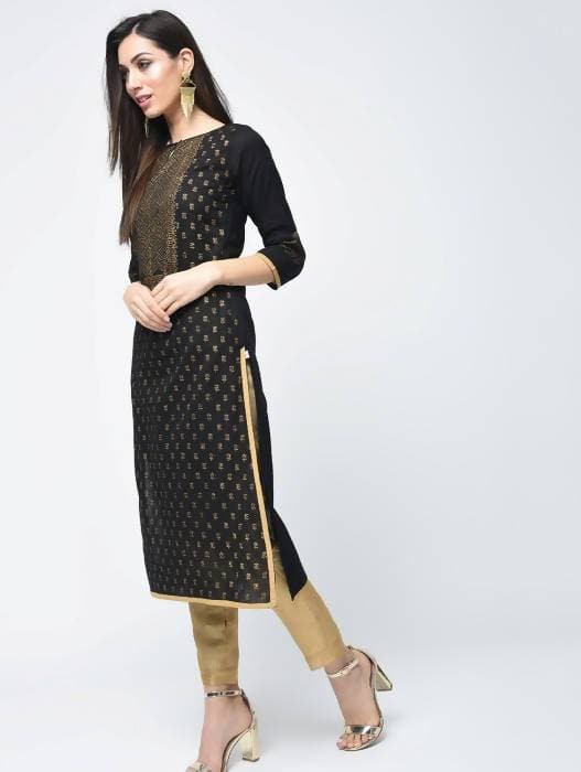 Aniyah Cotton Block Printed Black Color Straight Kurta (AN-123K) | Grocsy
