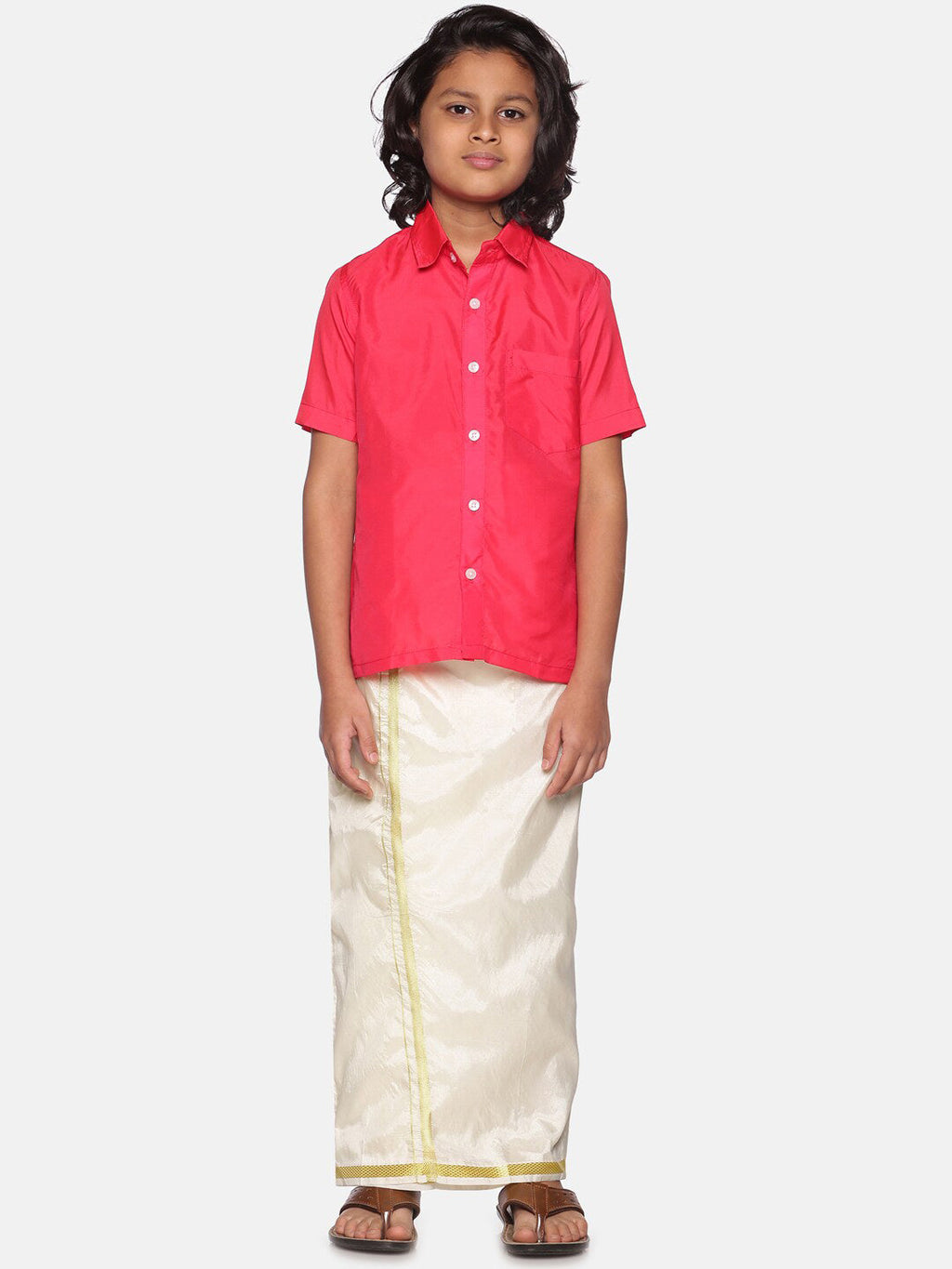 Sethukrishna Boys Rose & White Shirt & Dhoti | Grocsy