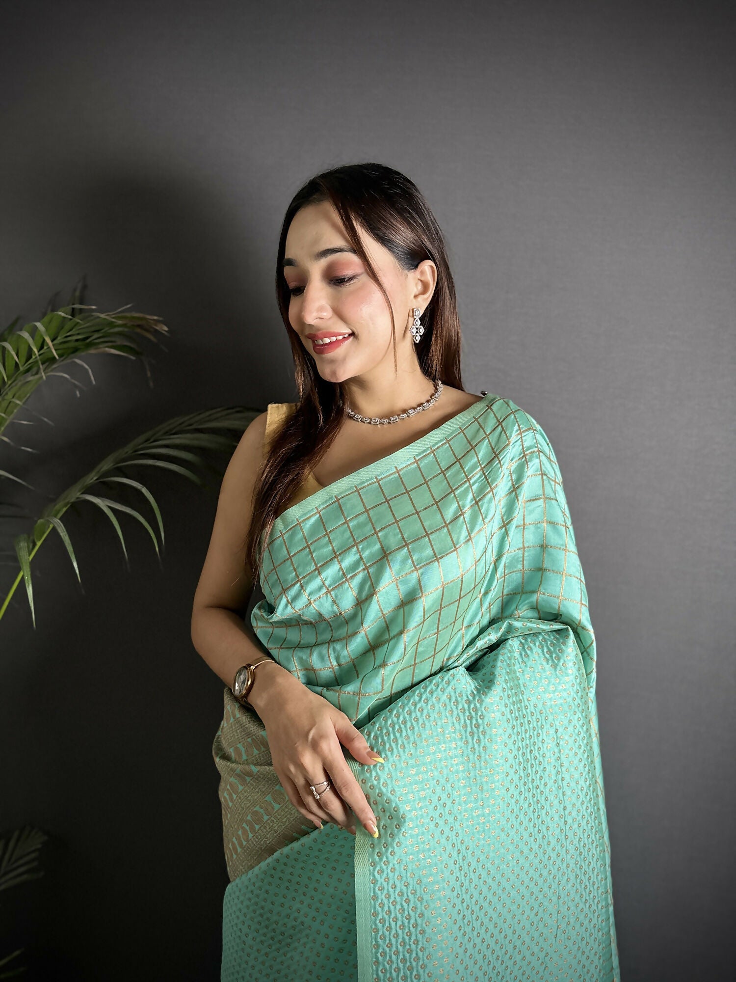 Joban Fashion Light Blue Banarasi Soft Lichi Silk Checks & Woven Saree | Grocsy