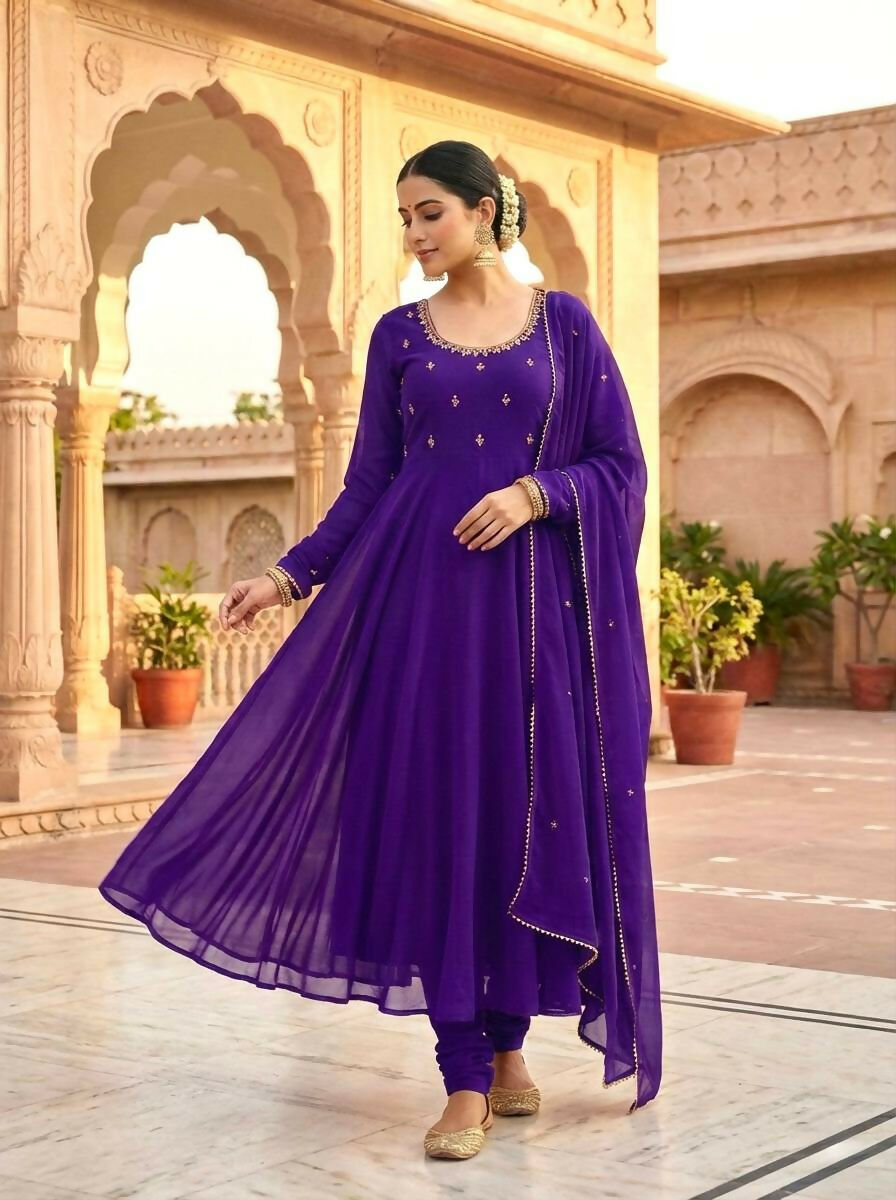 Teeya Creation Womens New Fancy Fox Georgette Heavy Quality Fabricw With Handwork Purple Gown Set | Grocsy
