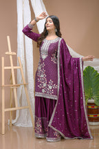 Lehenga Mart Designer Sharara Suit With Kurta, Sharara, Dupatta For Women-Wine | Grocsy