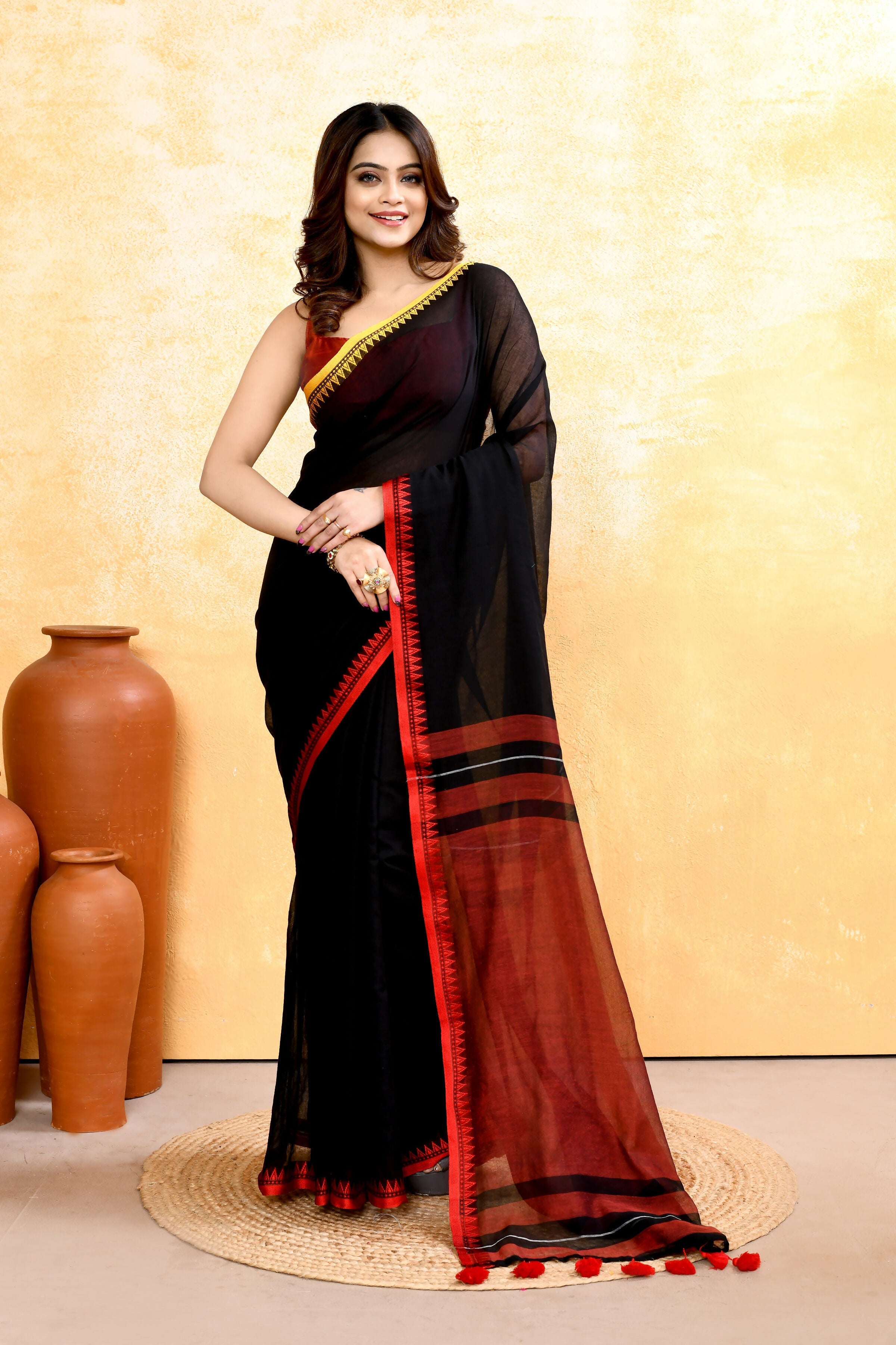Piyari Fashion Women's Black Embellished Handloom Cotton Saree | Grocsy