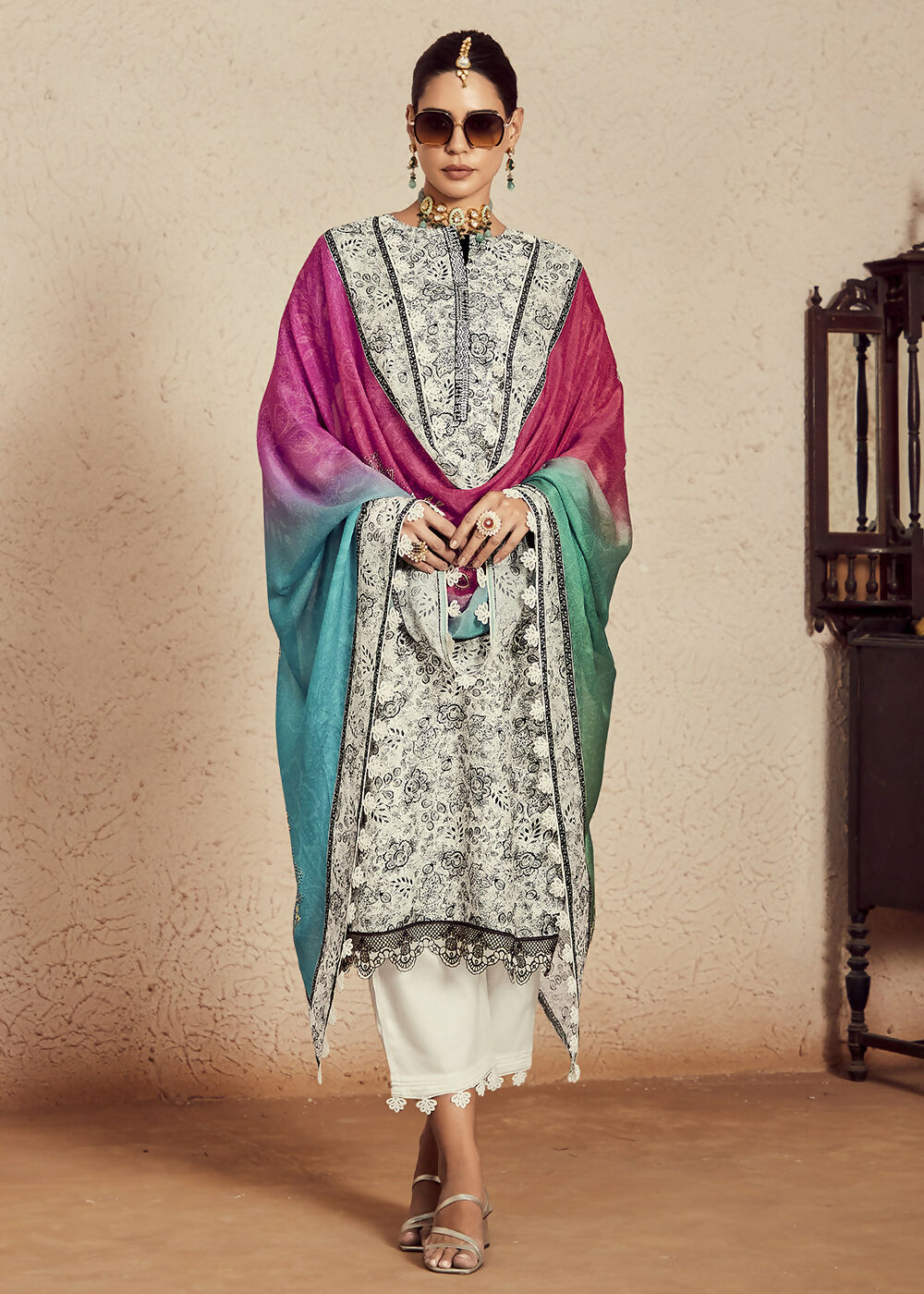 Off White Muslin Cotton Digital Print & Embroidered Salwar Suit - Emponline | Grocsy