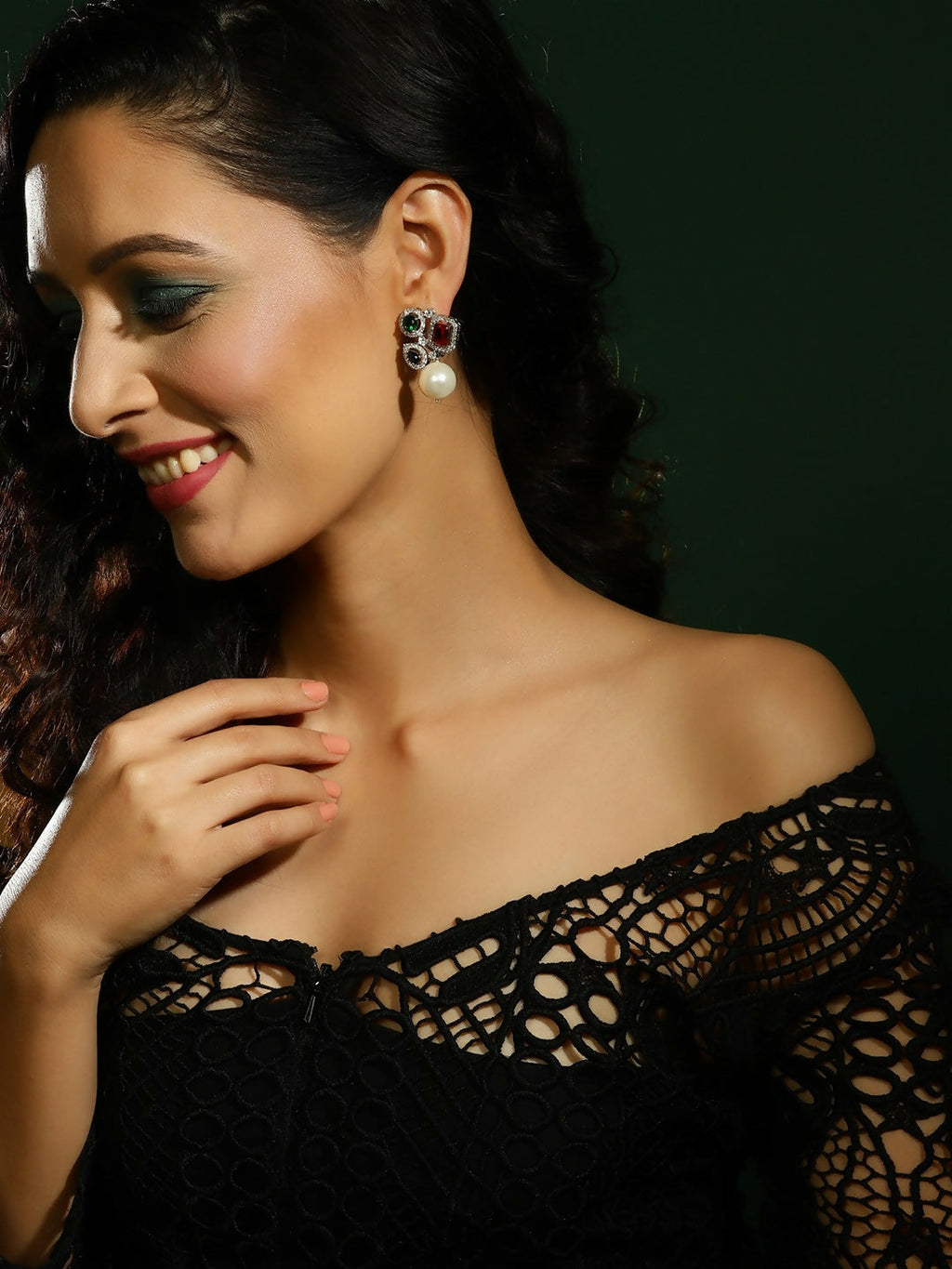 Multi Stone Earrings with Pearls- Ruby Raang | Grocsy