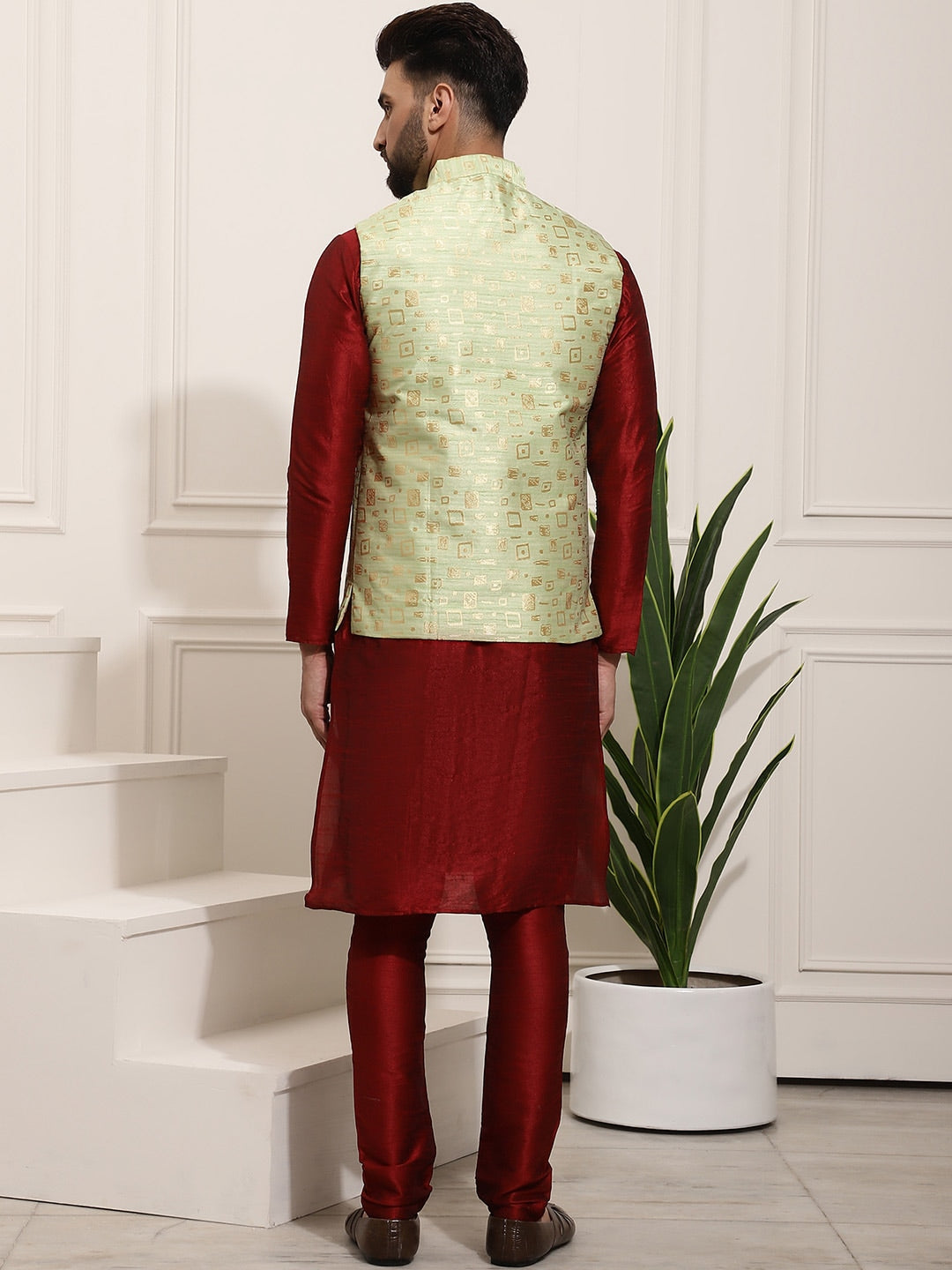 Sojanya Men Maroon Solid Kurta Set & Nehru Jacket | Grocsy