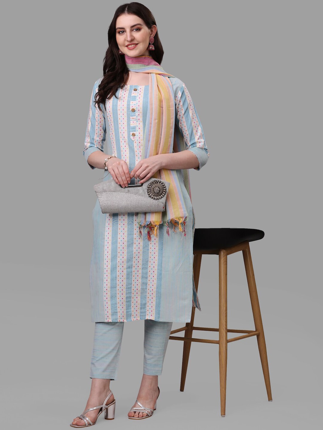 HERE&NOW Turquoise Blue Striped Regular Pure Cotton Kurta with Trousers & With Dupatta | Grocsy