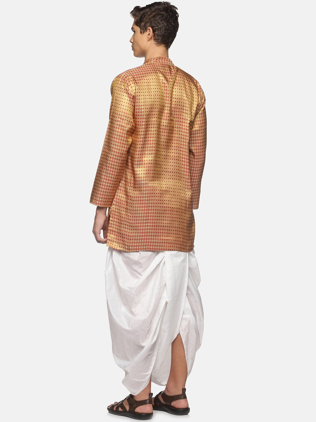 Sethukrishna Men Art Silk Golden & Red Kurta with Dhoti Pants | Grocsy