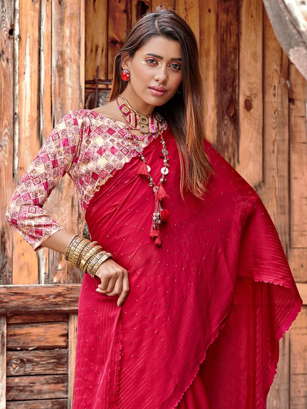 Saree Mall Pink Embellished Beads and Stones Pure Chiffon Sarees | Grocsy