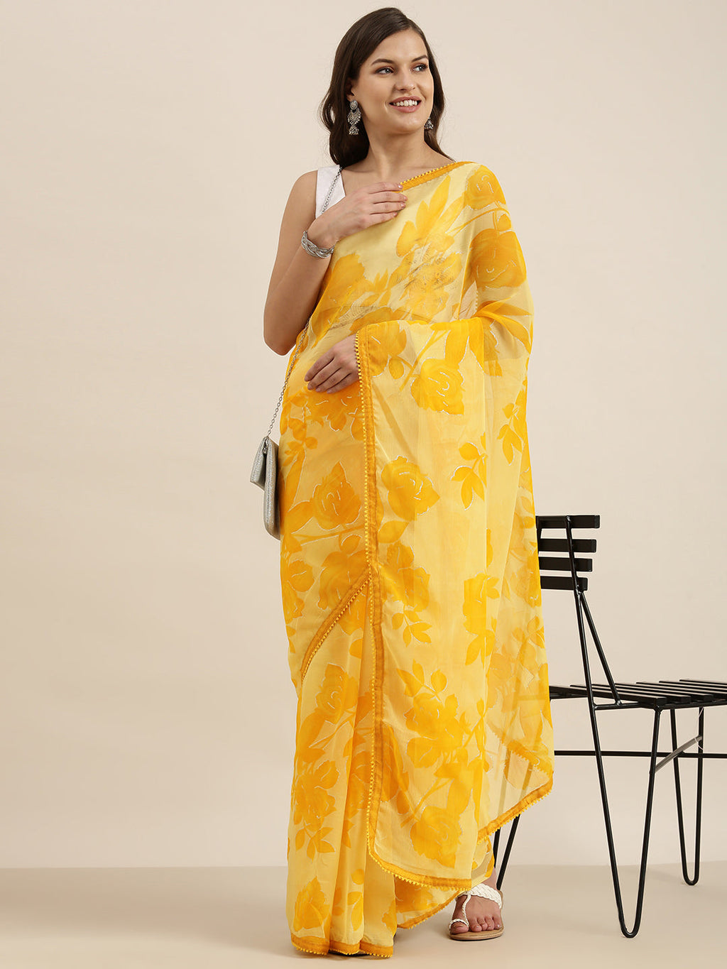 Sangria Yellow Floral Pure Chiffon Saree | Grocsy