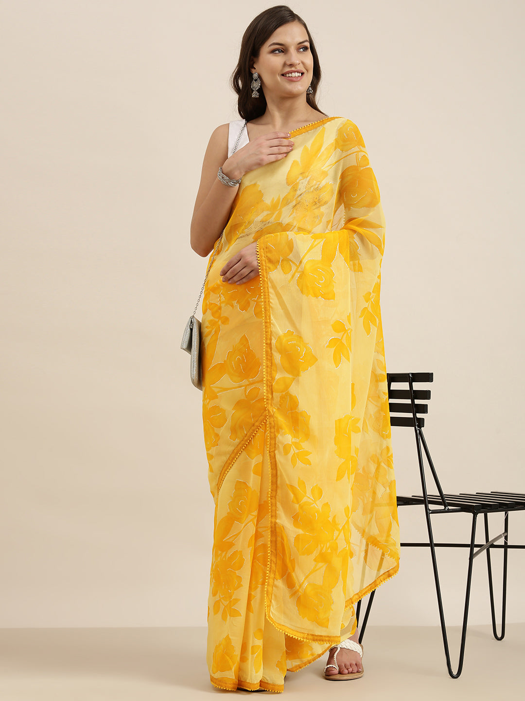 Sangria Yellow Floral Pure Chiffon Saree | Grocsy