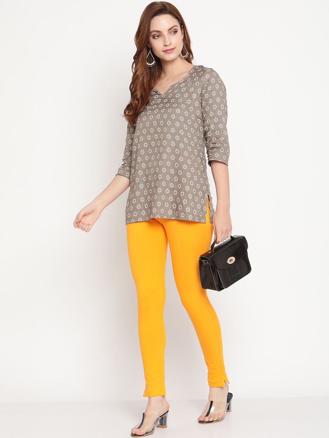 TAG 7 Set Of 2 Yellow & Beige Solid Leggings | Grocsy