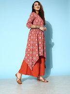 All About You Brick Red Printed Dipped Hem Veere Di Wedding A-Line Kurta with Palazzos | Grocsy