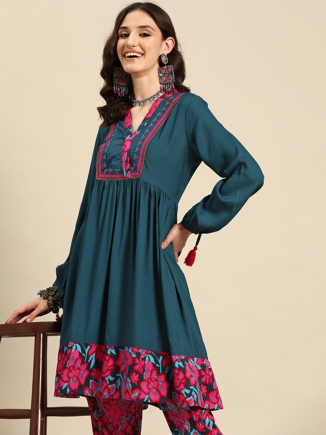 Sangria Women Floral Printed Gathered A-Line Kurta with Trousers | Grocsy