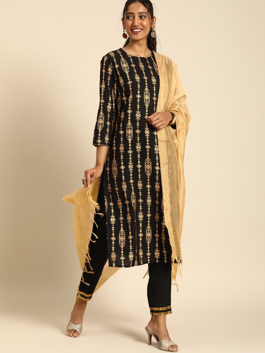 All About You Women Black Ethnic Motifs Printed Regular Kurta with Trousers & With Dupatta | Grocsy