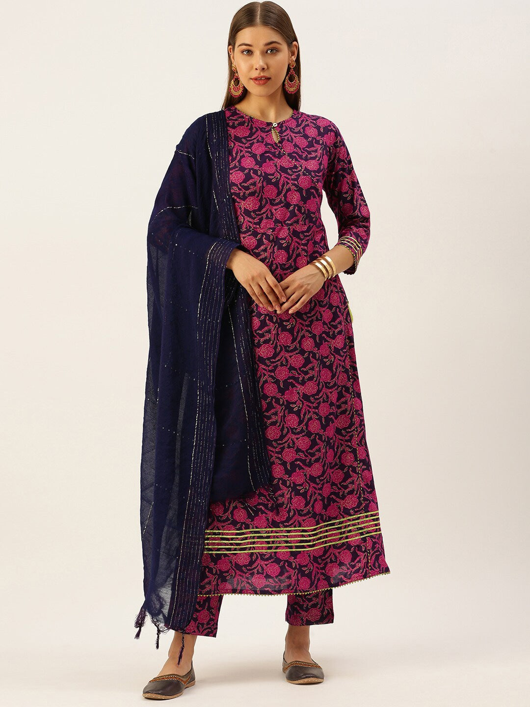 HERE&NOW Women Pink & Navy Blue Printed Pure Cotton Kurta with Trousers & With Dupatta | Grocsy