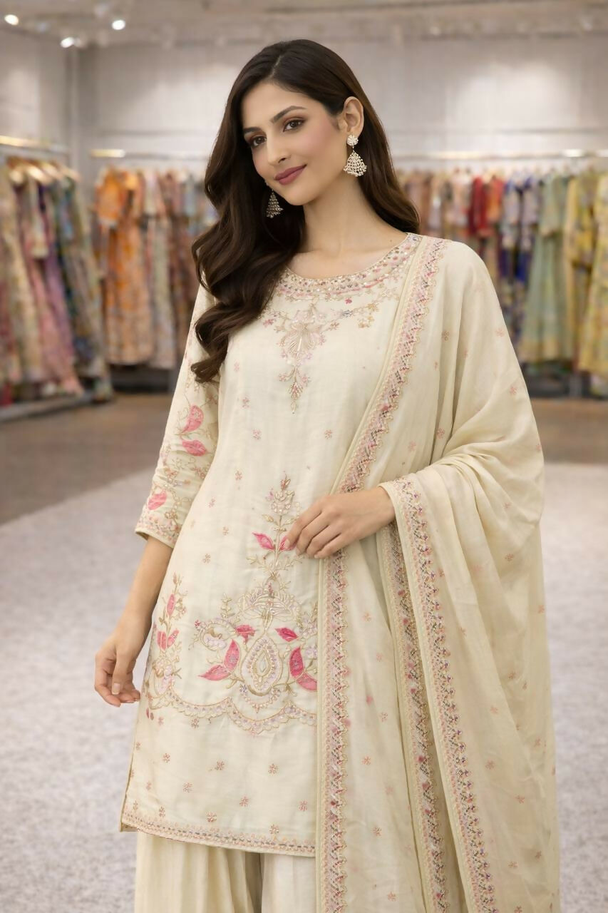 Teeya Creation Cream Chinnon Designer Embroidery Work Party Wear Salwar Suit | Grocsy