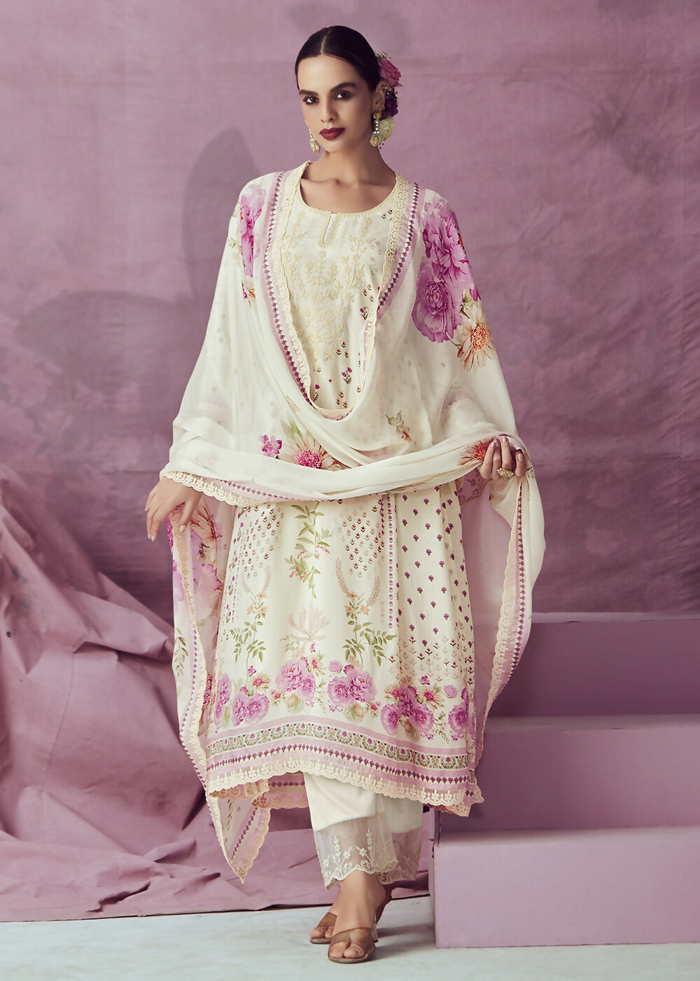 Ivory & Pink Muslin Cotton Printed Trendy Salwar Kurta Set - Emponline | Grocsy