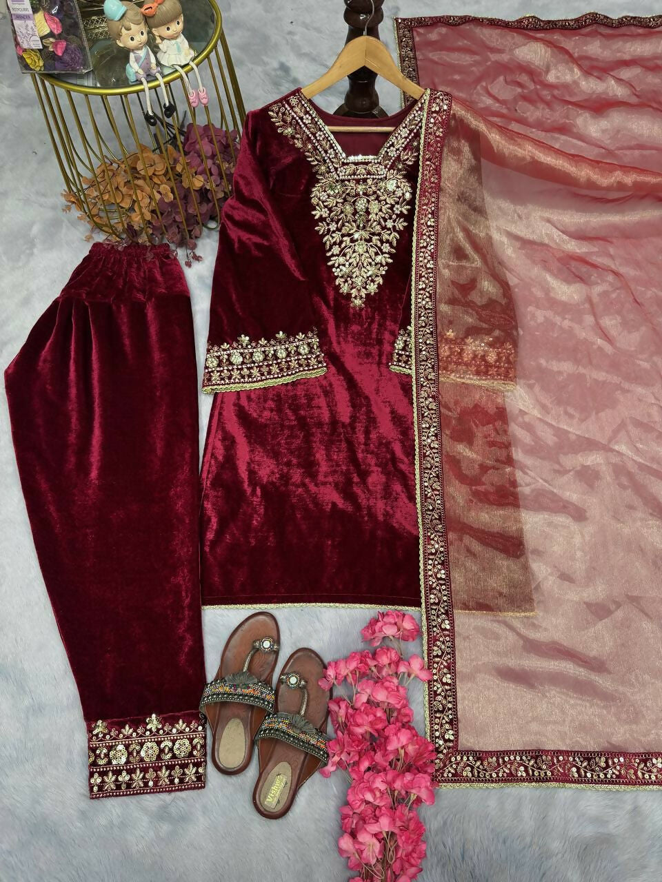 Teeya Creation Red Color Velvet Designer Embroidery Work party Wear Suit | Grocsy