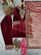 Teeya Creation Red Color Velvet Designer Embroidery Work party Wear Suit | Grocsy